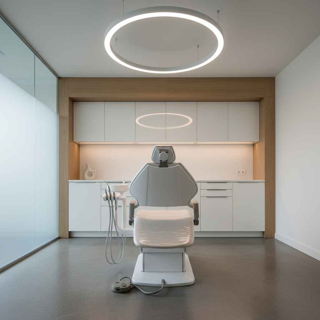 A spacious dental operatory with a rear delivery system, highlighting the uncluttered patient area.