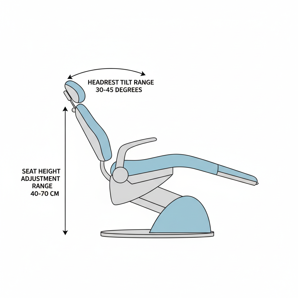 A diagram illustrating the optimal range of motion for a dental chair's headrest and seat height to ensure proper clinician access.