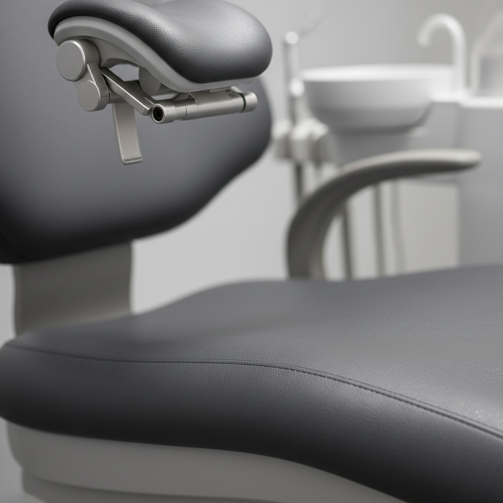 A close-up view of a dental chair's plush cushioning and articulating headrest, emphasizing patient comfort features.