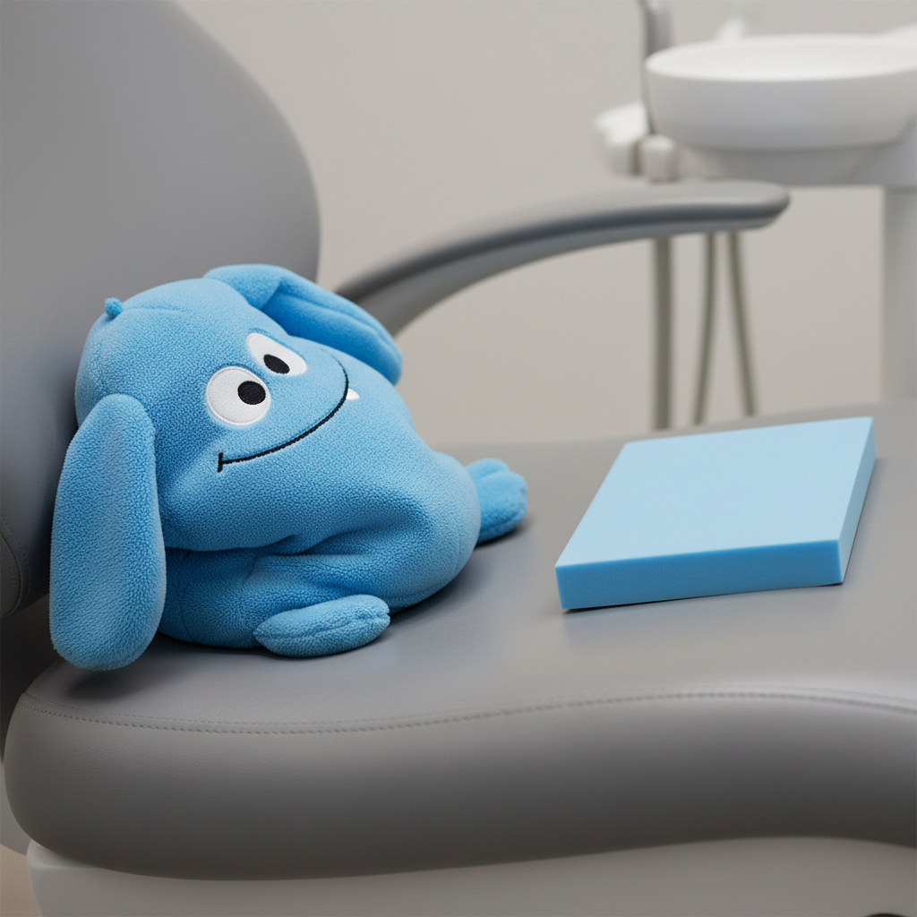 牙科治疗椅座椅特写，将笨重、柔软的枕头与轻薄、坚固的定位楔进行对比，显示定位楔具有更好的稳定性和感染控制能力。