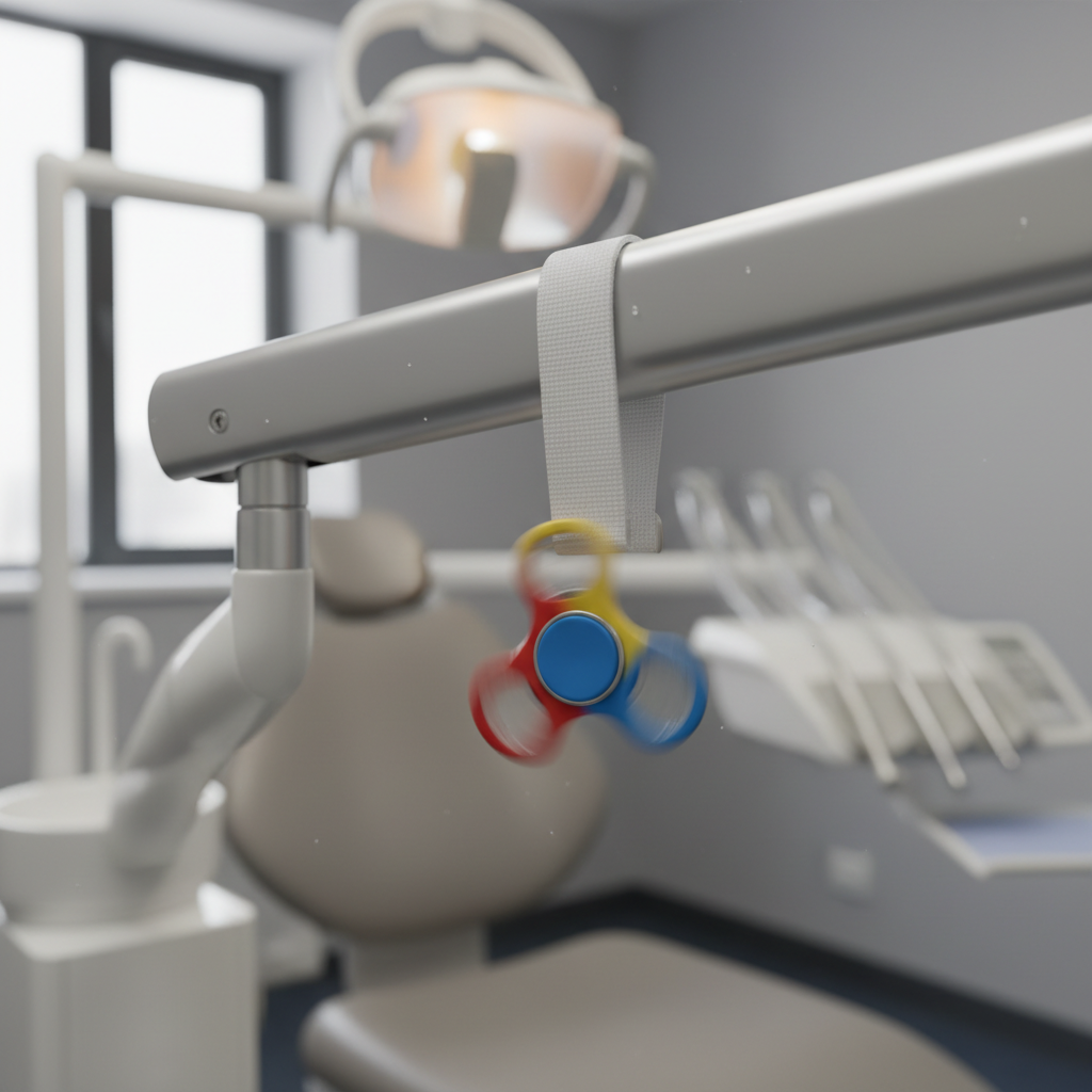 牙科治疗椅的灯臂上挂着一个五颜六色、具有视觉吸引力的小玩具，展示了一种简单而有效的分散患者注意力的技术。