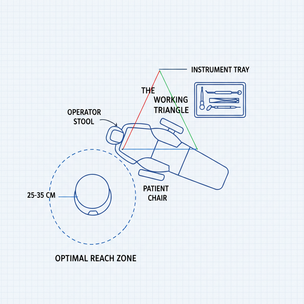 An overhead view of a dental workspace illustrating the ergonomic 'working triangle' to minimize overreaching for instruments.