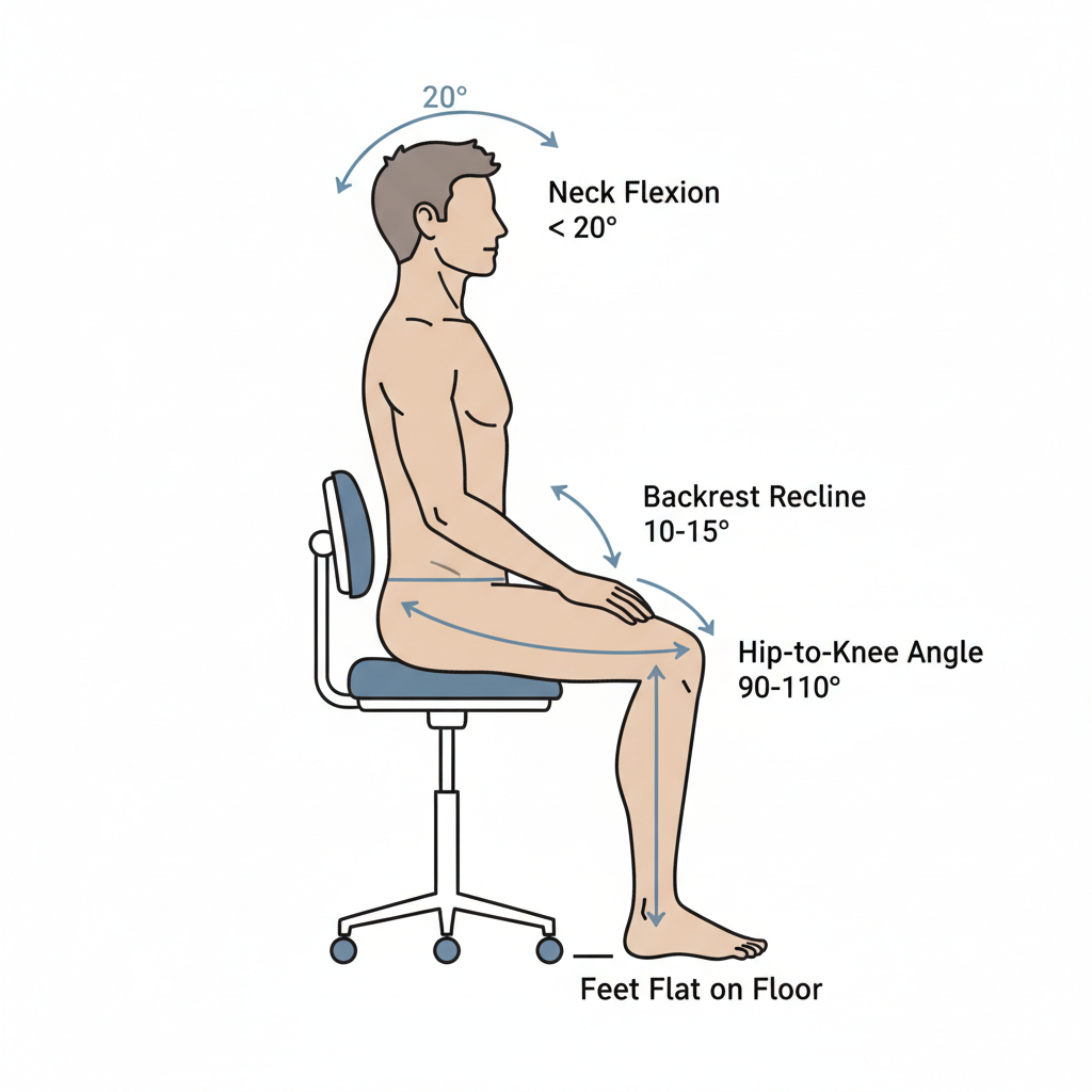 A diagram illustrating the correct ergonomic posture for a dentist, showing neutral spine alignment and proper angles for neck, back, and legs.