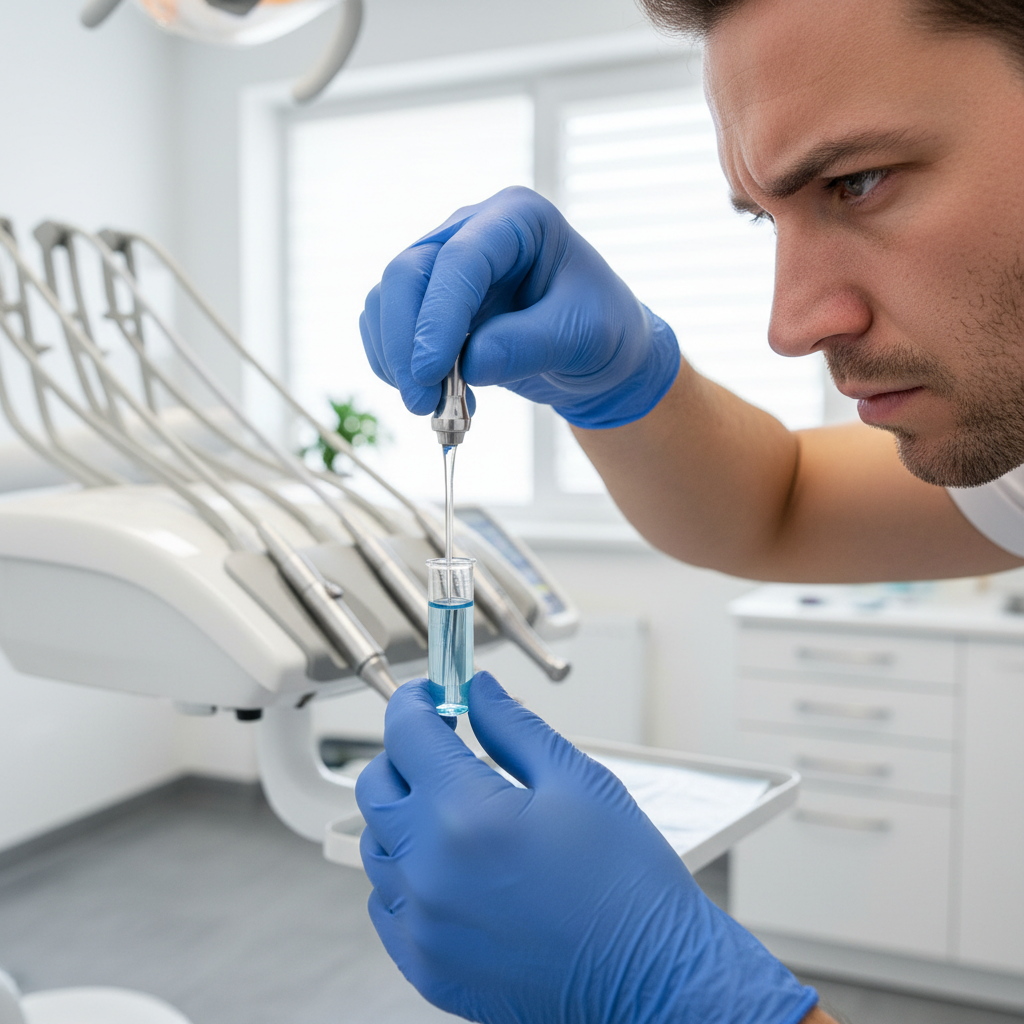 A dental assistant in a clean, modern clinic performs a routine check on the dental chair's water system.