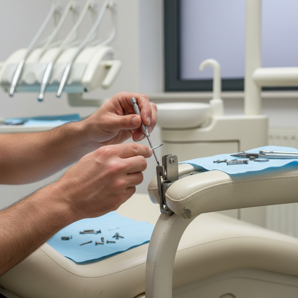 一名技术人员正在对一台老式牙科治疗椅进行维护，强调维修成本的概念。