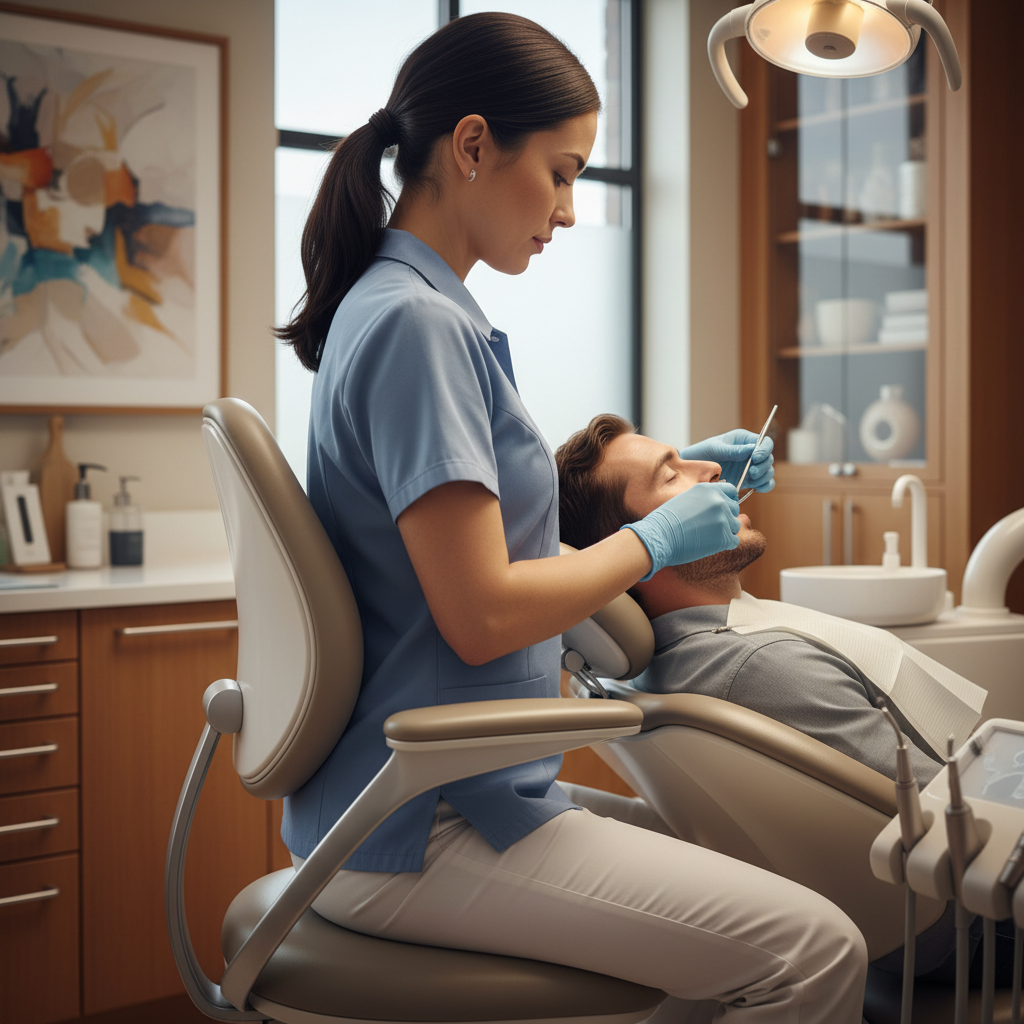 牙医舒适地为病人治疗，重点是牙科椅的人体工学特性，突出可调节的腰部支撑和座椅倾斜度。