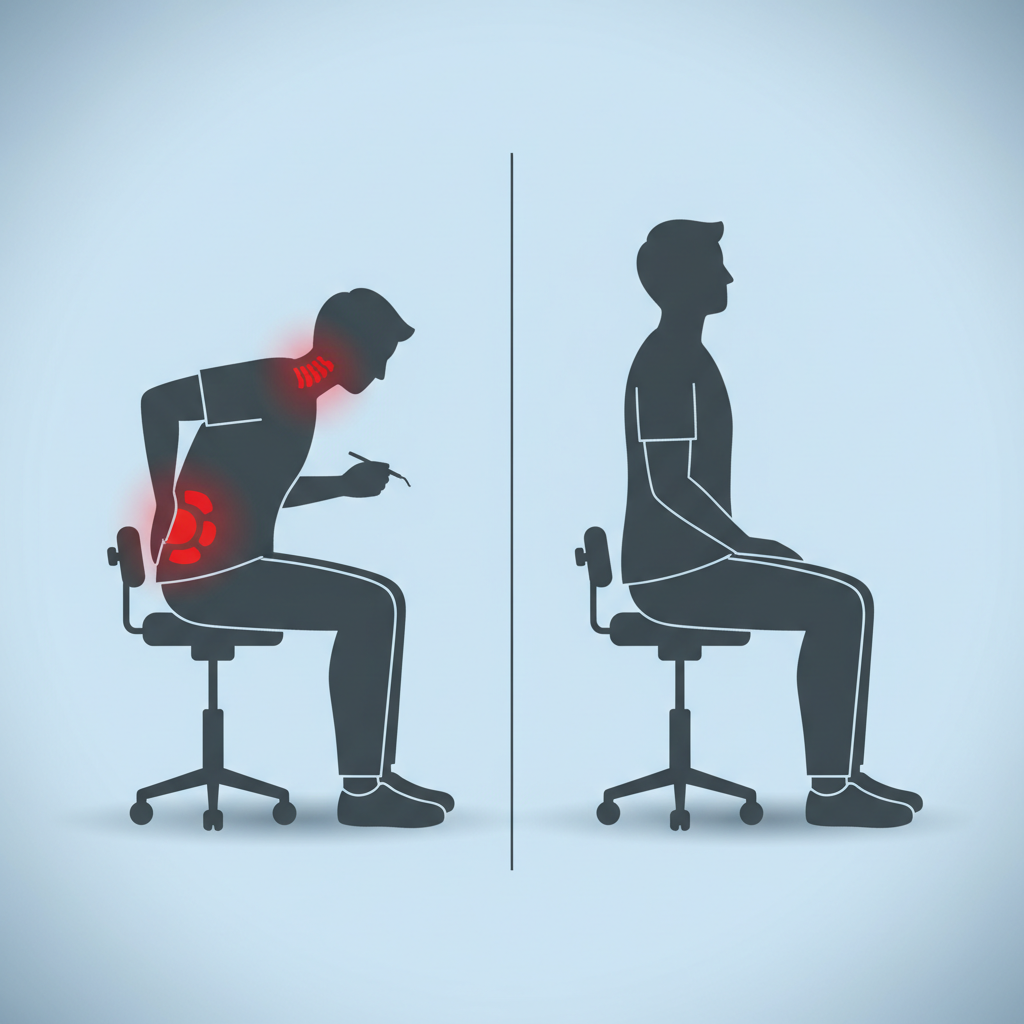 分视图显示，一侧牙医的姿势不良，导致背部和颈部出现红色受力点；另一侧牙医的姿势正确，符合人体工程学原理，脊柱保持中立和整齐。