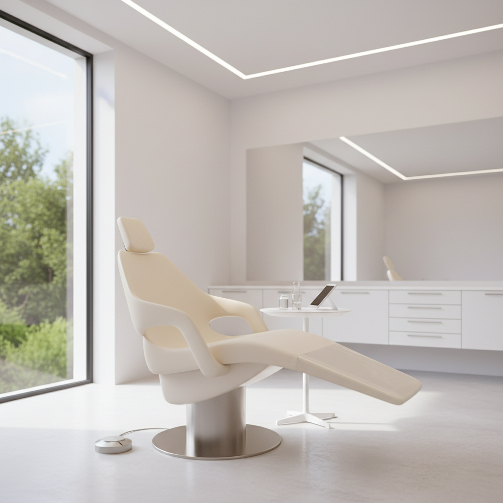 A full view of a dental chair featuring sleek, seamless upholstery, emphasizing its modern design and clean lines.