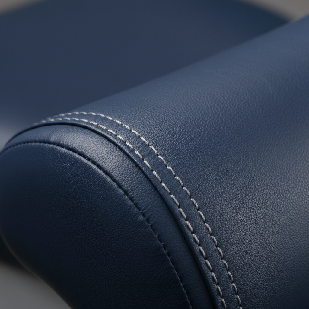 A detailed view of a stitched dental chair cushion, showing the high-quality, double-stitched seams that provide ergonomic contouring.