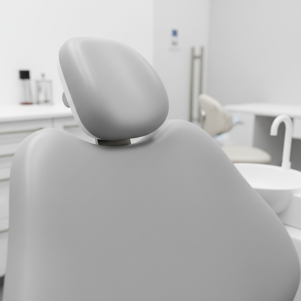 A close-up shot of a modern, seamless dental chair upholstery in a clean, brightly lit clinic setting.