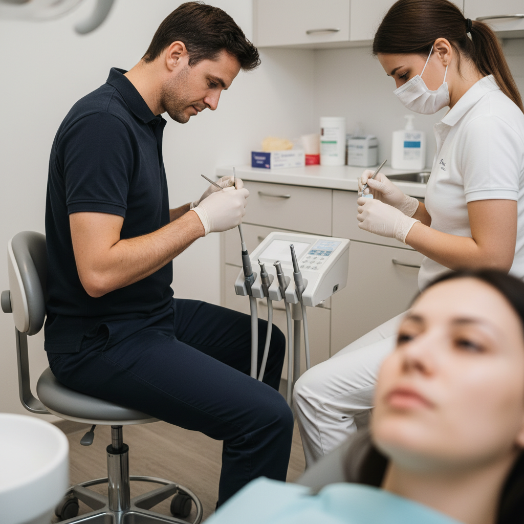 牙医和助手在一个结构紧凑、井井有条的牙科手术室里舒适地为病人进行治疗，手术室里的椅子底座很窄，并配有高效的侧向输送系统。