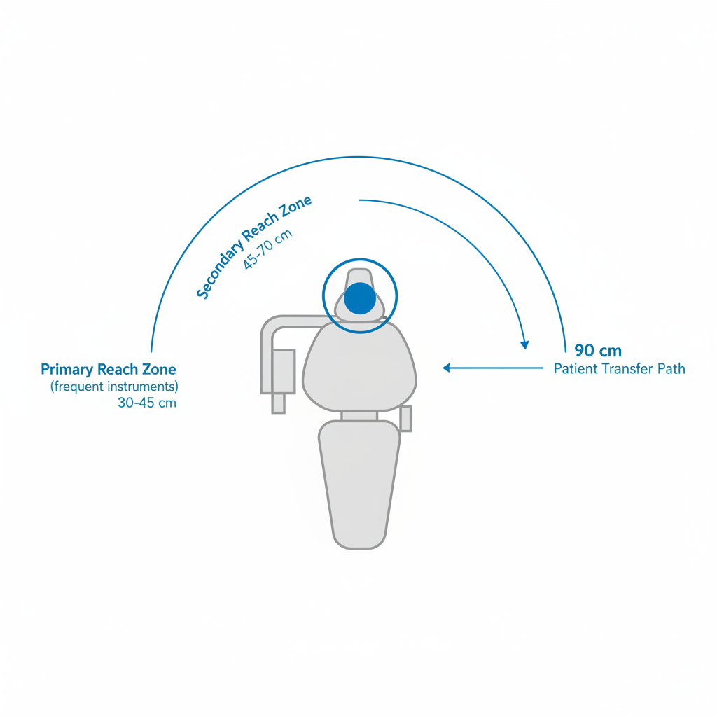 自上而下的图表说明了紧凑型手术室牙科椅周围的主要和次要人体工程学伸展区。