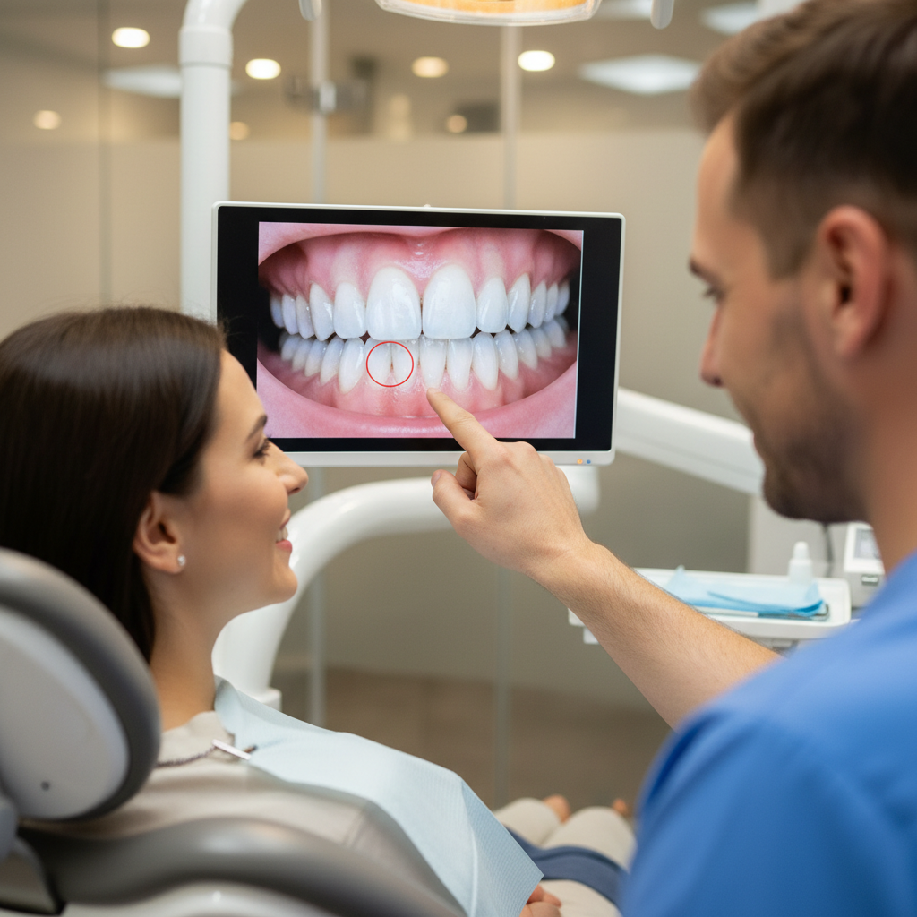 A dentist showing a patient a clear image of their teeth on a chair-mounted monitor, captured by an intraoral camera.