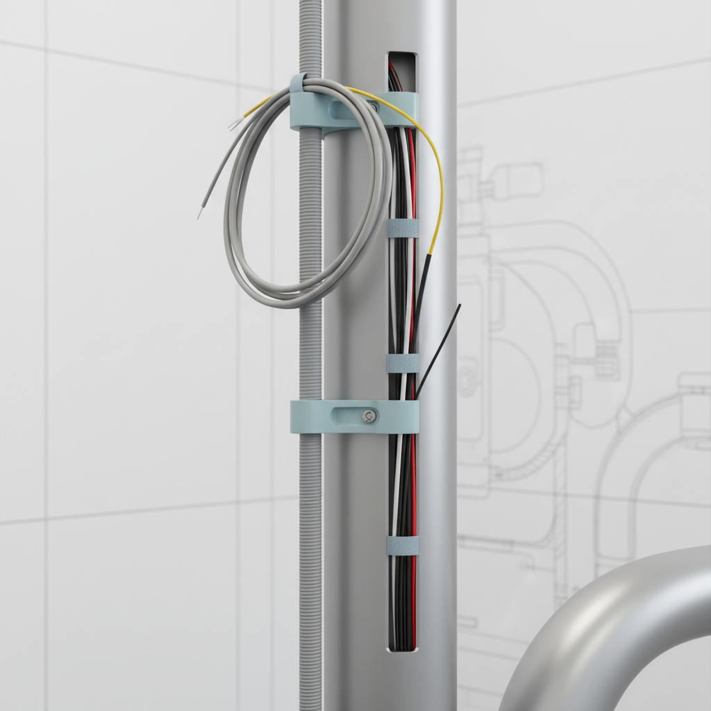 A close-up of neatly managed cables on the back of a dental chair, showing separation between power and data lines to prevent interference.