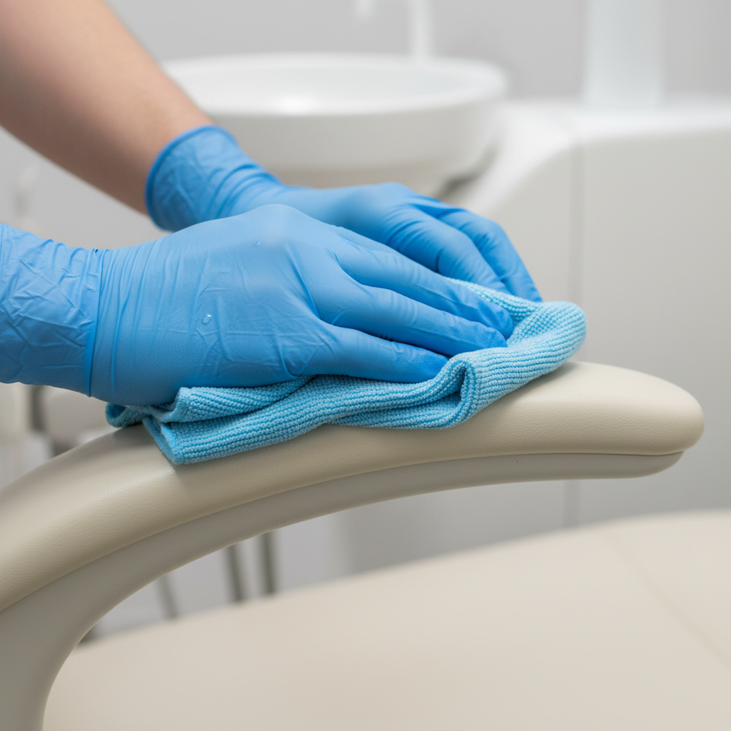 A gloved hand gently wipes down the armrest of a dental chair with a soft cloth, demonstrating proper cleaning technique.