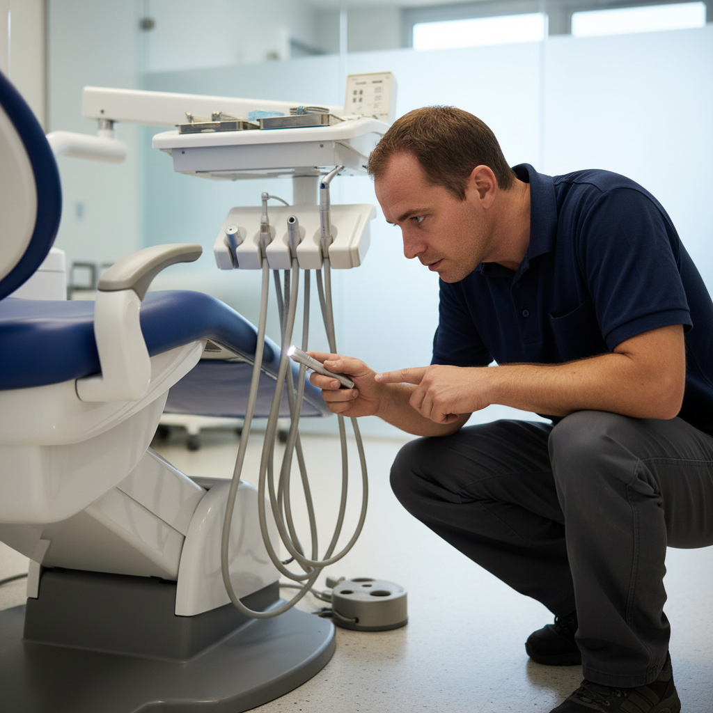 A dental technician performs a visual inspection on the base of a dental chair, checking connections and looking for wear.