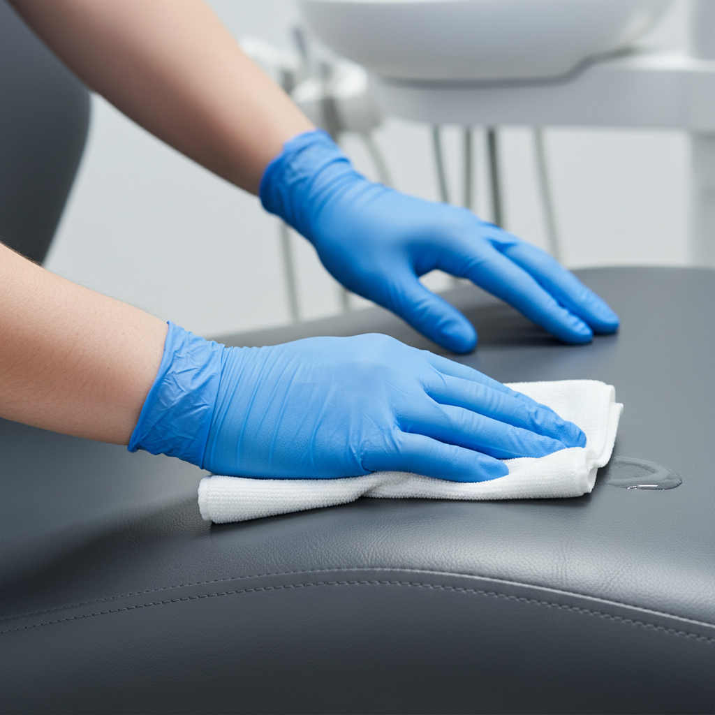 A gloved hand gently blotting a small spill on a dental chair's upholstery with a soft cloth.