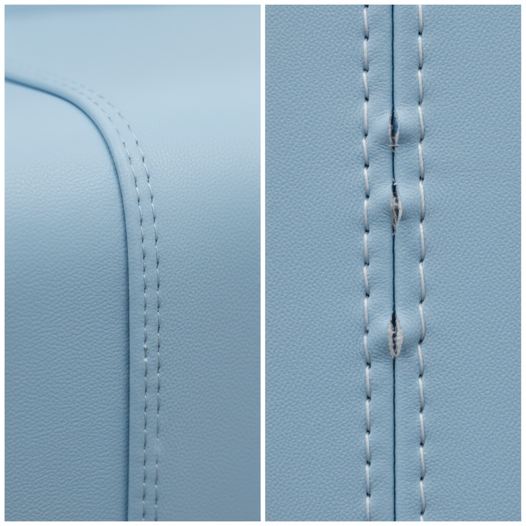 A close-up view comparing a seamless, welded upholstery seam to a traditional stitched seam on a dental chair.