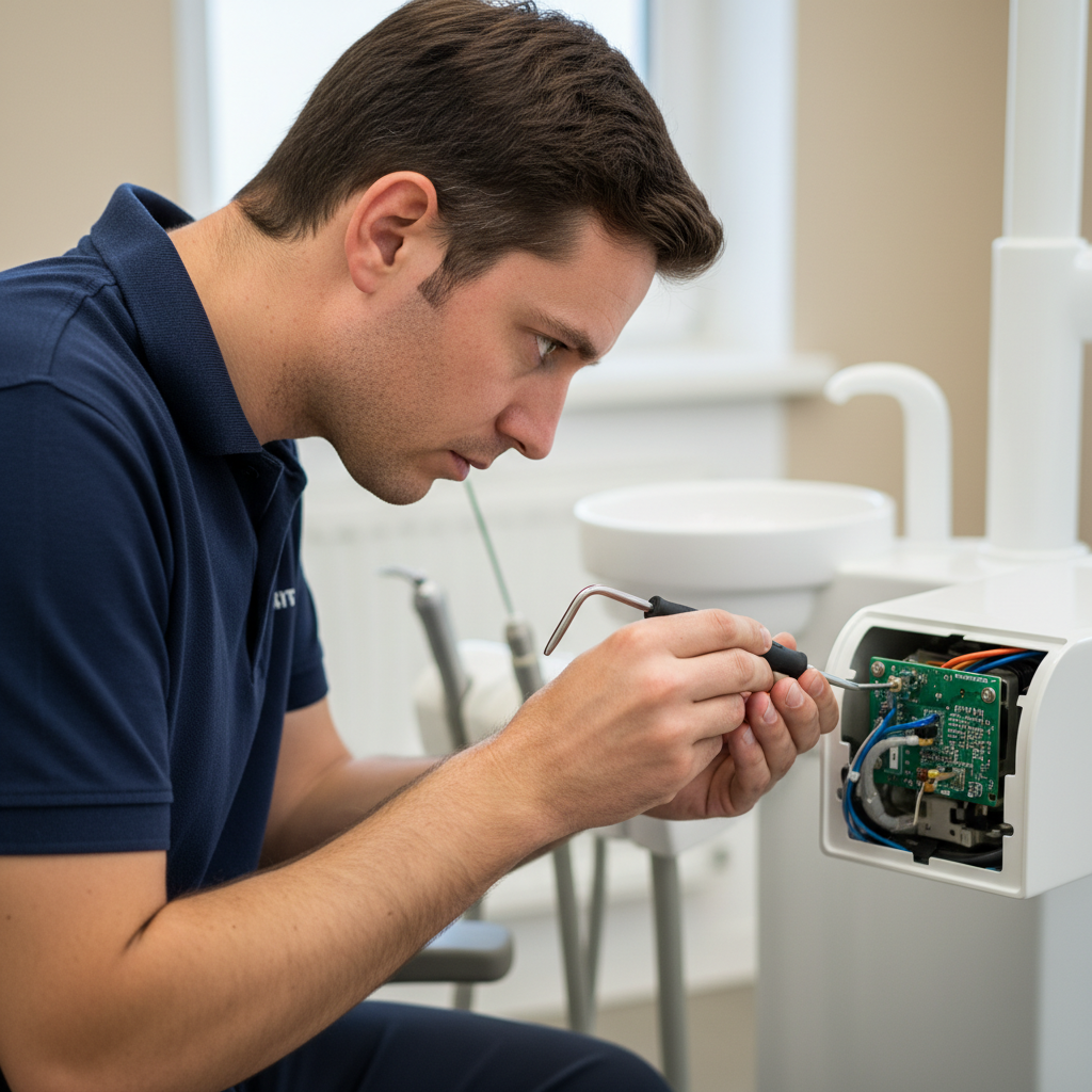 训练有素的技师在洁净的临床环境中仔细地对牙科治疗椅的电子控制模块进行预防性维护。