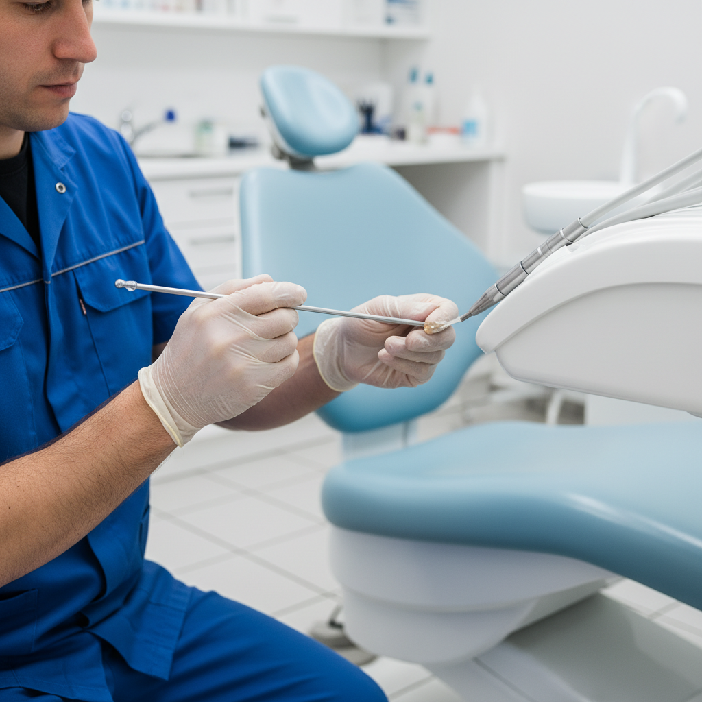 一名技术人员在洁净的车间里对牙科椅底座的枢轴点进行精心维护和润滑。