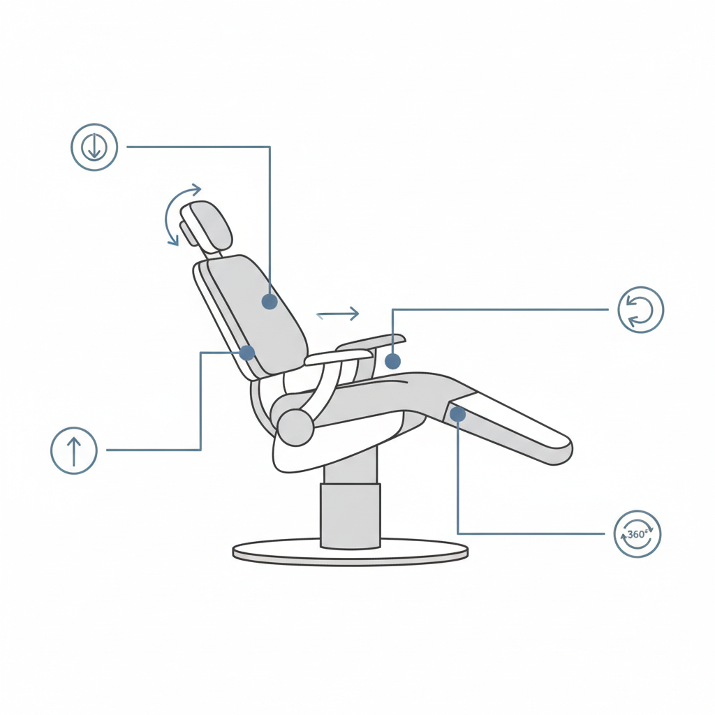 A diagram illustrating the key ergonomic adjustment points on a dental chair for operator comfort.