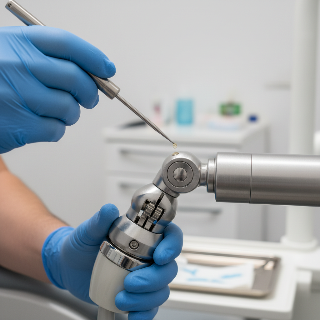 A gloved technician performing a detailed quarterly inspection on a dental chair's mechanical arm.