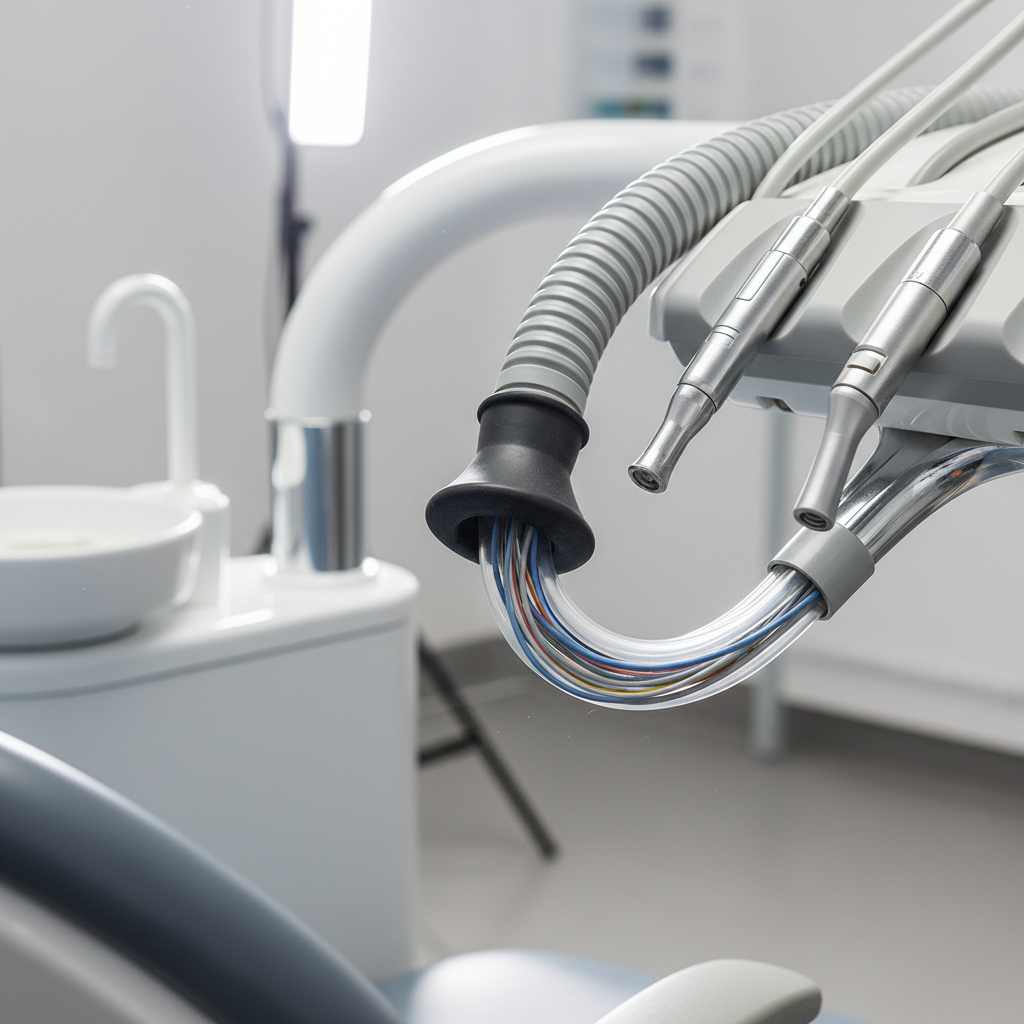 Close-up of an integrated cable management system on a dental chair, showing a flexible conduit to protect wiring.