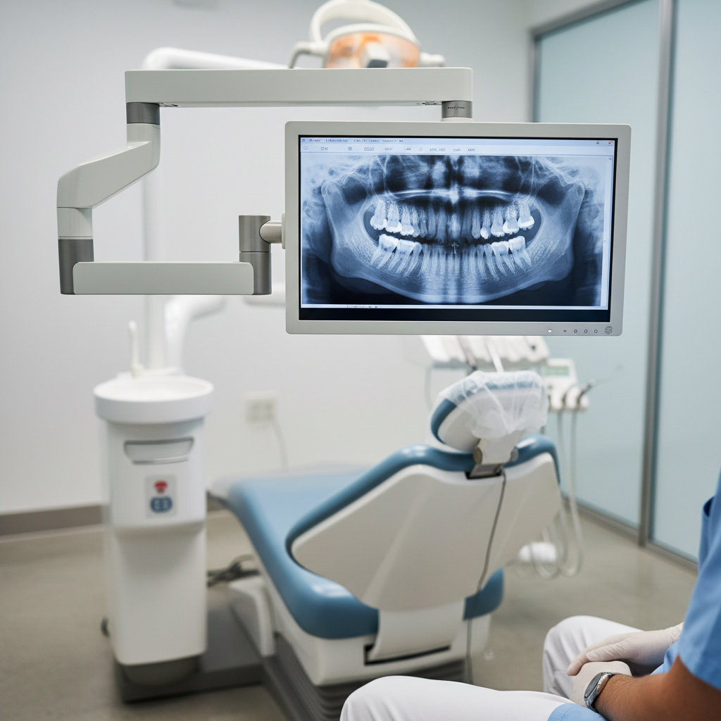 An ergonomic view from the dentist's perspective, with the dental chair's monitor mount positioned at eye level.