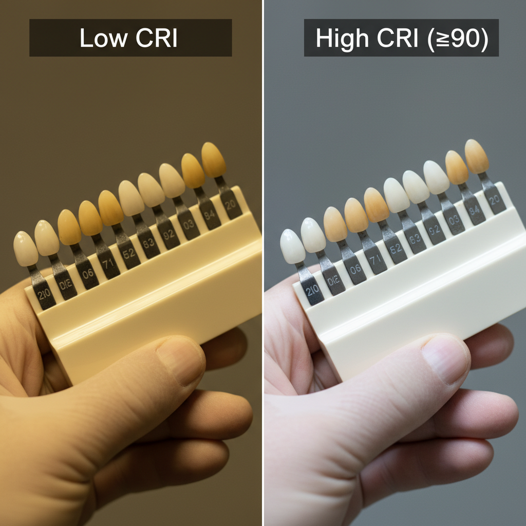 图像分割对比显示了低显色指数灯和高显色指数（90+）灯在牙科遮光导板上色彩准确度的差异。