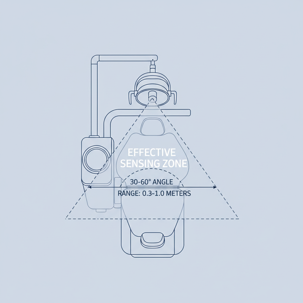 运动激活型牙科照明传感器的最佳探测锥和探测范围示意图。
